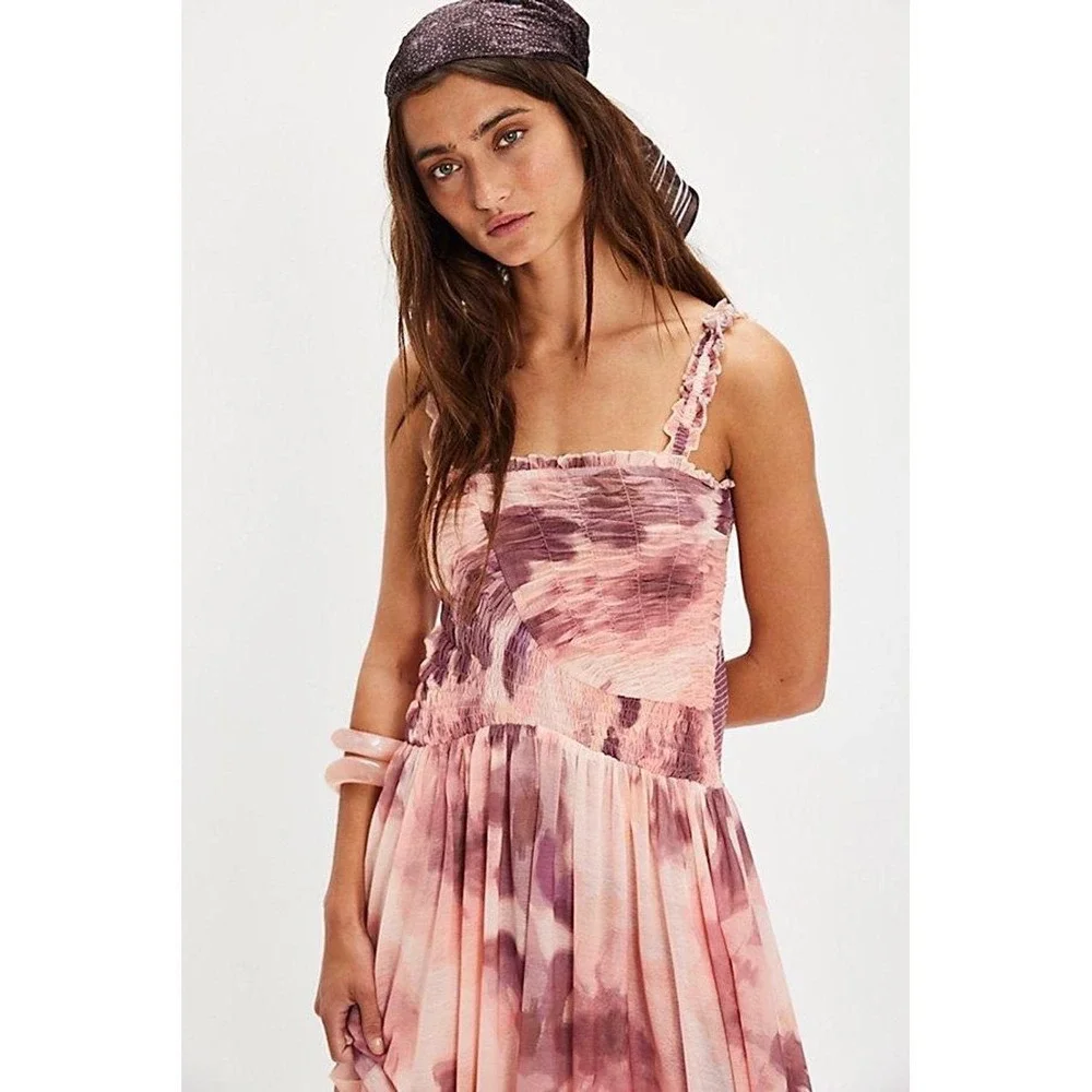 Free People Midi Dress Pink Floral Boho Smocked Mesh‎ Ruffle Sleeveless S